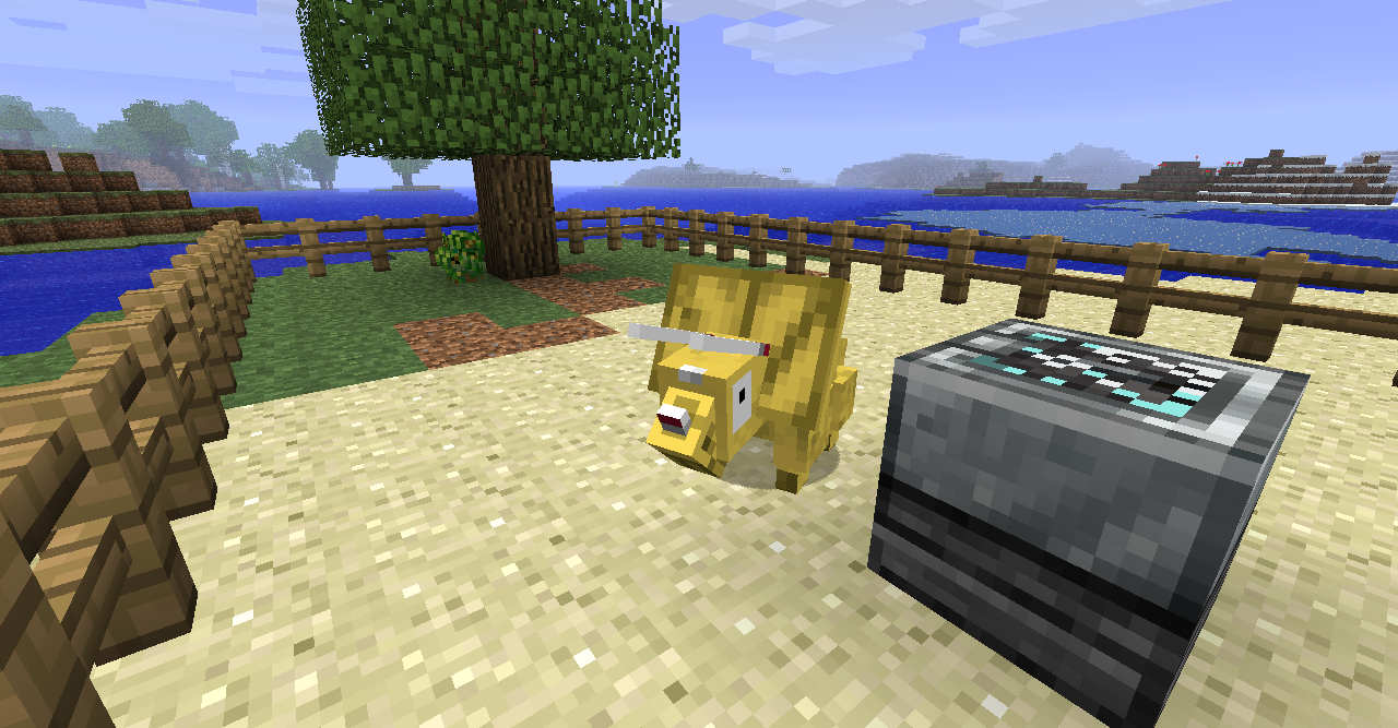 Yellow triceratops in a small fenced enclosure, with a tree in the background with ferns underneath it.